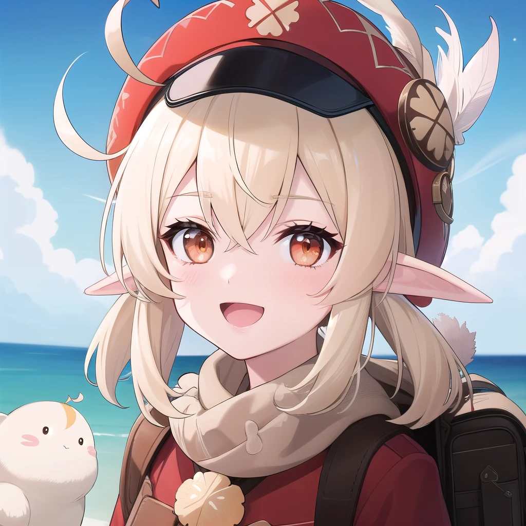 ((masterpiece)),(best quality),official art,extremely detailed CG,unity 8k wallpaper,ultra detailed,A lighthouse on a cliff by the sea,1girl,solo,upper body,(portrait:1.2),looking at viewer,bangs,pointy_ears,ahoge,hair_between_eyes,long_hair,low_twintails,sidelocks,red_headwear,hat_feather,cabbie_hat,open_mouth,red_eyes,bag,blonde_hair,clover_print,light_brown_hair,backpack,:d,hat_ornament,orange_eyes,brown_gloves,brown_scarf,long_sleeves,red_coat,scarf,randoseru,