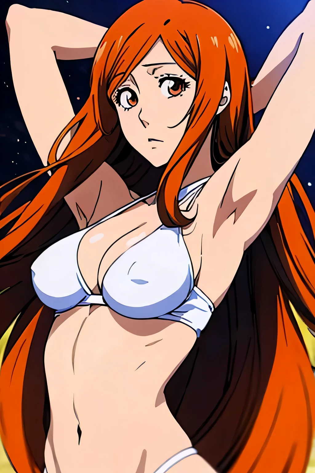 1 woman, orihime inoue, long light brown hair, big breasts, orange eyes, ((detailed eyes:1.2)), wearing micro bikini, sexy, sensual, sideboob, masterpiece, top quality, best quality, official art, beautiful and aesthetic:1.2), extreme detailed, colorful, highest detailed