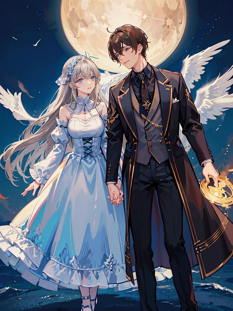((Highest quality)), ((masterpiece)), (detailed)、((Couple))、(The man has silver hair and blue eyes)、(The woman has brown hair and brown eyes)、Facing each other with the moonlit night as a backdrop、The man is tall and the woman is leaning on him.、Woman smiling、Men are handsome、Women are cute、Perfect body