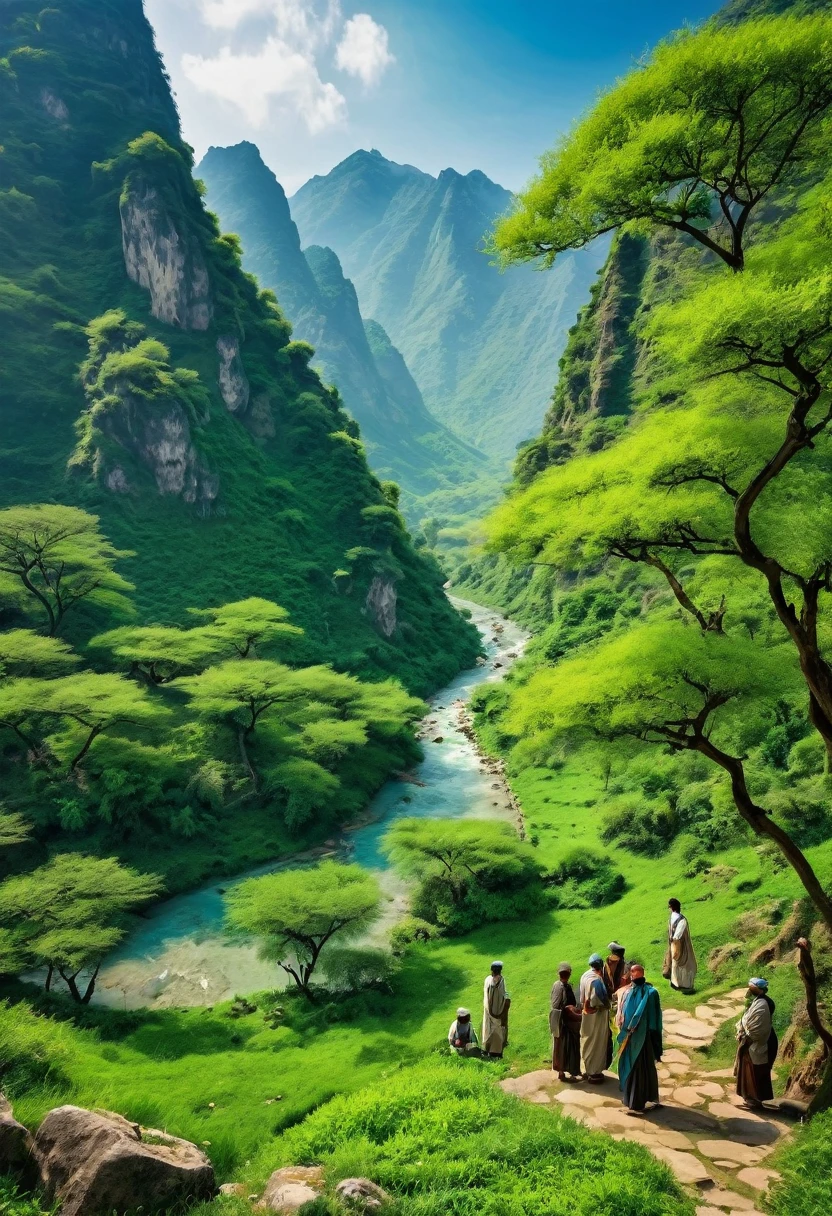 Ancient view of mountain full of greenery, a spring is in middle of the mountains, some ancient people are standing near to the mountains