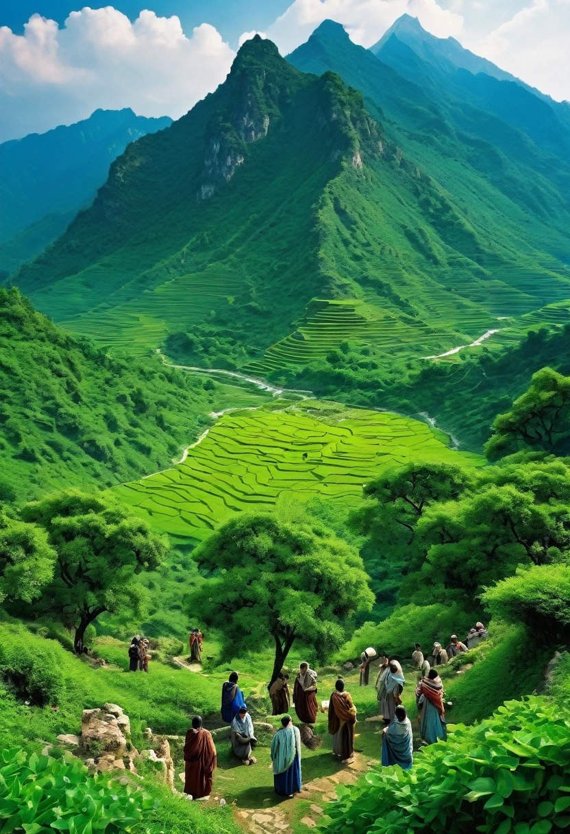 Ancient view of mountain full of greenery, a spring is in middle of the mountains, some ancient people are standing near to the mountains