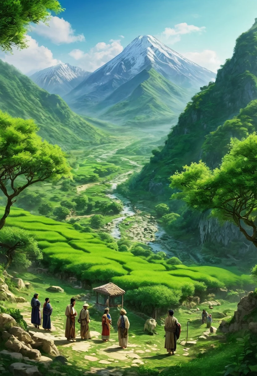 Ancient view of mountain full of greenery, a spring is in middle of the mountains, some ancient people are standing near to the mountains