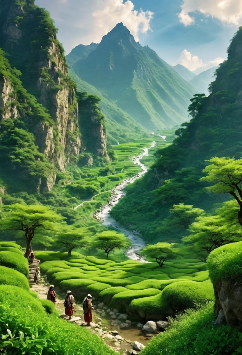 Ancient view of mountain full of greenery, a spring is in middle of the mountains, some ancient people are standing near to the mountains