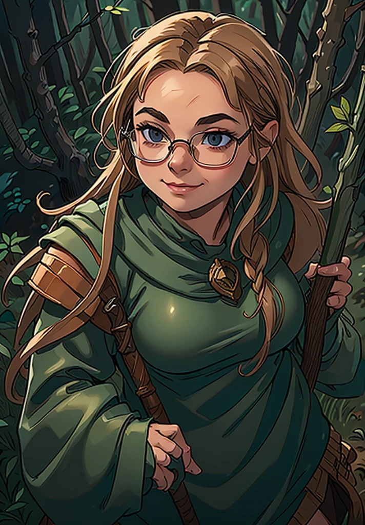 full color, (((nude:1.2))), large breast:1.3, fantasy game world, a young dwarf researcher woman in thick dark forest, checking a flower, eyes glasses, full body, closed mouth smile, thick