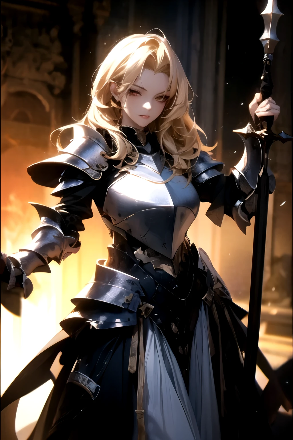 ((best quality)), ((Masterpiece)), (details:1.4), 3d, HDR (high dynamic range), mature woman, เหมือนจริง, ผมหางม้าสูง, Blonde hair, White eyes, PBR surface, After processing, Anisotropic filtration,depth of field, Maximum clarity and clarity, multi-layered surface, perfect proportions, 8K raw files，holy paladin，With a spear，Heavy armor, หน้าดุ