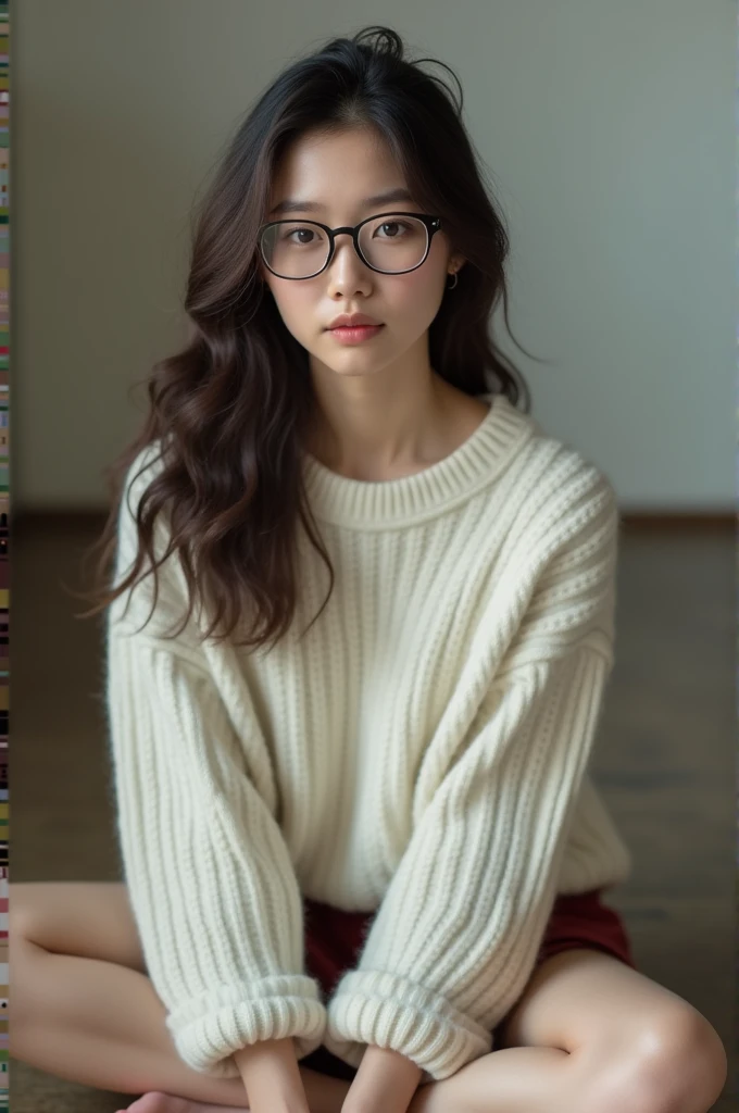 1 female, 20-year-old, alone, There is a woman sitting on the floor with her legs crossed..., Wearing glasses, Japanese Model, Wearing glasses on, Wearing square glasses, Young Sensual Gravure Idol, Genuine young gravure idol, Without glasses, Wearing glasses, Surreal, Provocative, ((Beautiful Skin)), ((Skin Texture)), ((Real Touch)), healthy, unreddish skin, Cute freckles on the cheeks, Mole under left eye, thin, slender, (small breasts), Long Hair, Curly Hair, Forehead, Forehead, Forehead, Forehead, thin, slender, glasses, white sweater, sexy pencil skirt