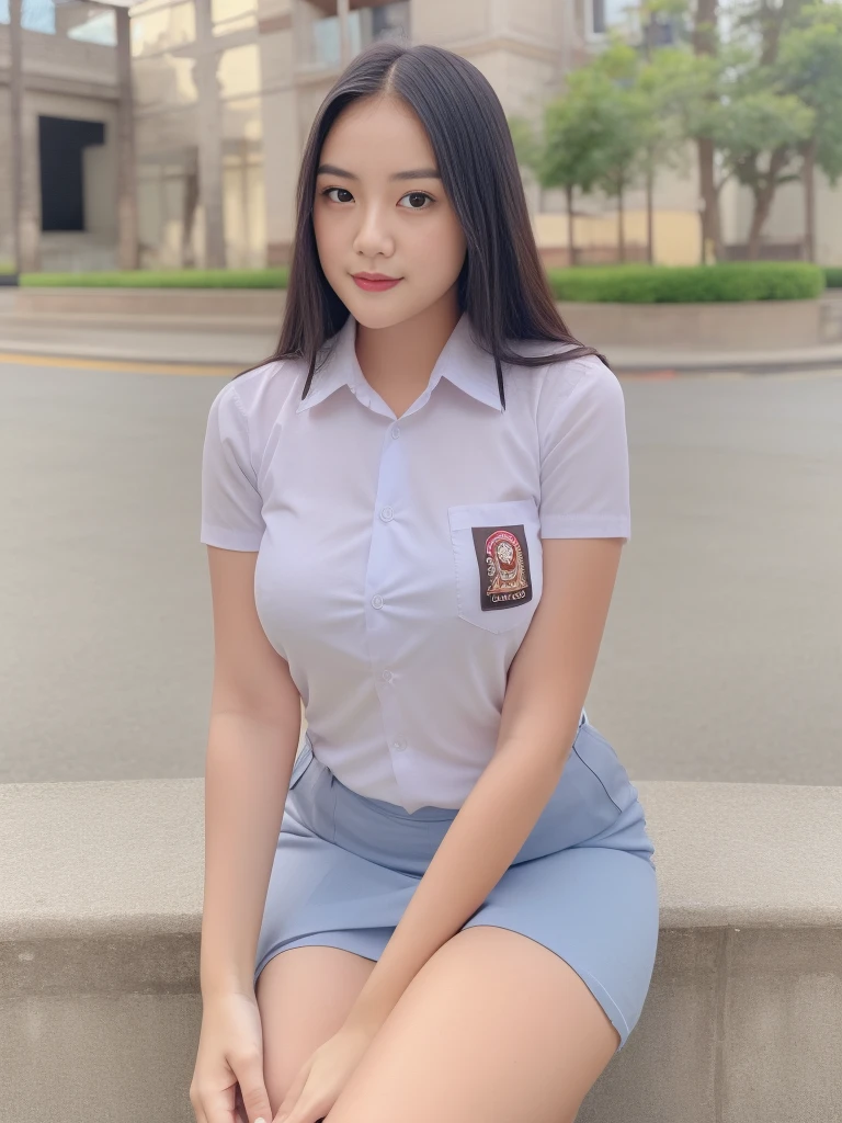 1girl, solo, 19 years old, (uniform), sits on something, detailed Metropolitan city at the background, portrait, thick breasts, semi-curvy body, smooth realistic skin, cute smirk, white shirt, grey blue short skirt, looking at the audience, high angle shot,(8k, RAW photo, best quality, masterpiece: 1.3), (realistic, realistic: 1.37), ultra-high resolution, cowboy shot