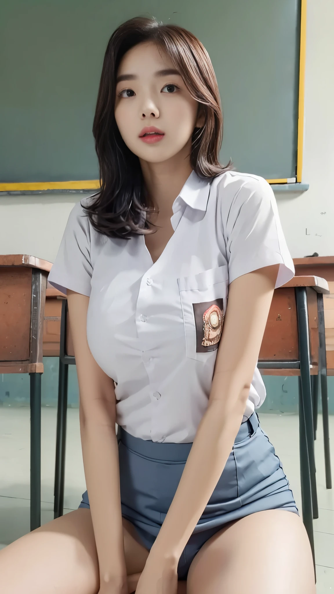 RAW, Best quality, high resolution, masterpiece: 1.3), Beautiful young java woman, seductive pose, sitting, open legs, sensual body, big breasts, Best quality, high resolution, Masterpiece: 1.3, Masterpiece, ((At classroom)), highres, 4k, HDR, 1girl, photorealistic, realistic, big breasts, ((whole body)) turning away facial at viewer, closeup,