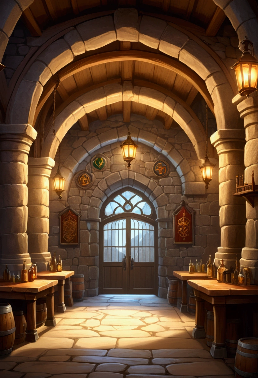 Indoor, fantasy, fantasy medieval, adventurers guild, tavern style, huge wide hall, entrance door in the center, medieval stone columns, epic, bulletin board on the wall, one-point perspective composition, concept art, high-quality illustrations, masterpiece, magic lighting, soft lighting