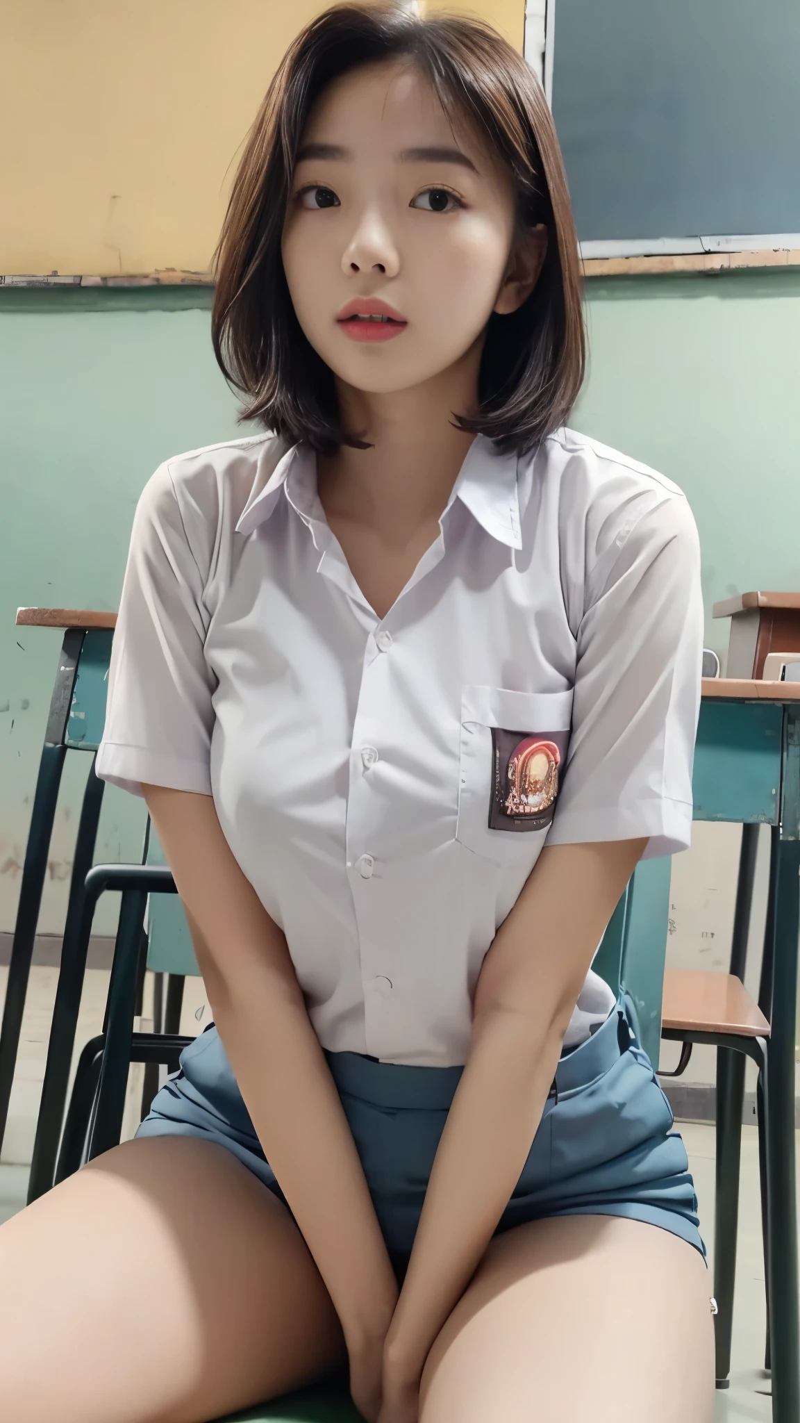 RAW, Best quality, high resolution, masterpiece: 1.3), Beautiful young java woman, seductive pose, sitting, open legs, sensual body, big breasts, Best quality, high resolution, Masterpiece: 1.3, Masterpiece, ((At classroom)), highres, 4k, HDR, 1girl, photorealistic, realistic, big breasts, ((whole body)) turning away facial at viewer, closeup,