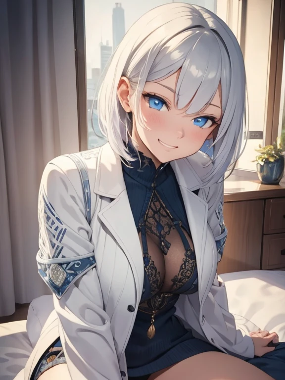 silver bob hair, blue eyes, (((beautiful))),Mary,Blue sweater, White jacket, Cropped jacket, Long sleeve, Open clothes, Ribbed sweater, Armband, (((Glowing Skin))), ((Intricate details)), High resolution, ((Intricate details, Ultra-detailed)), Cinematic shots, Sitting on the bed , Vignette, ((Works by Alfonso Mucha)), gazing condescendingly at the viewer with a scornful grin, attractive giant ass, thick muscular thighs