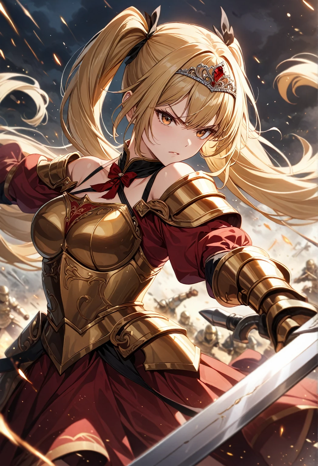 score_9_up, score_9, score_8_up, score_7_up, source_anime,masterpiece, best quality, high resolution, extremely detailed CG, absurdres, highres, 1 girl,a knight girl in golden armor fights at battlefield, holding sword, long hair, twintails, blond_hair, red_dress, glaring, off-shoulder, tiara, battle_stance, fighting_stance,good_hands