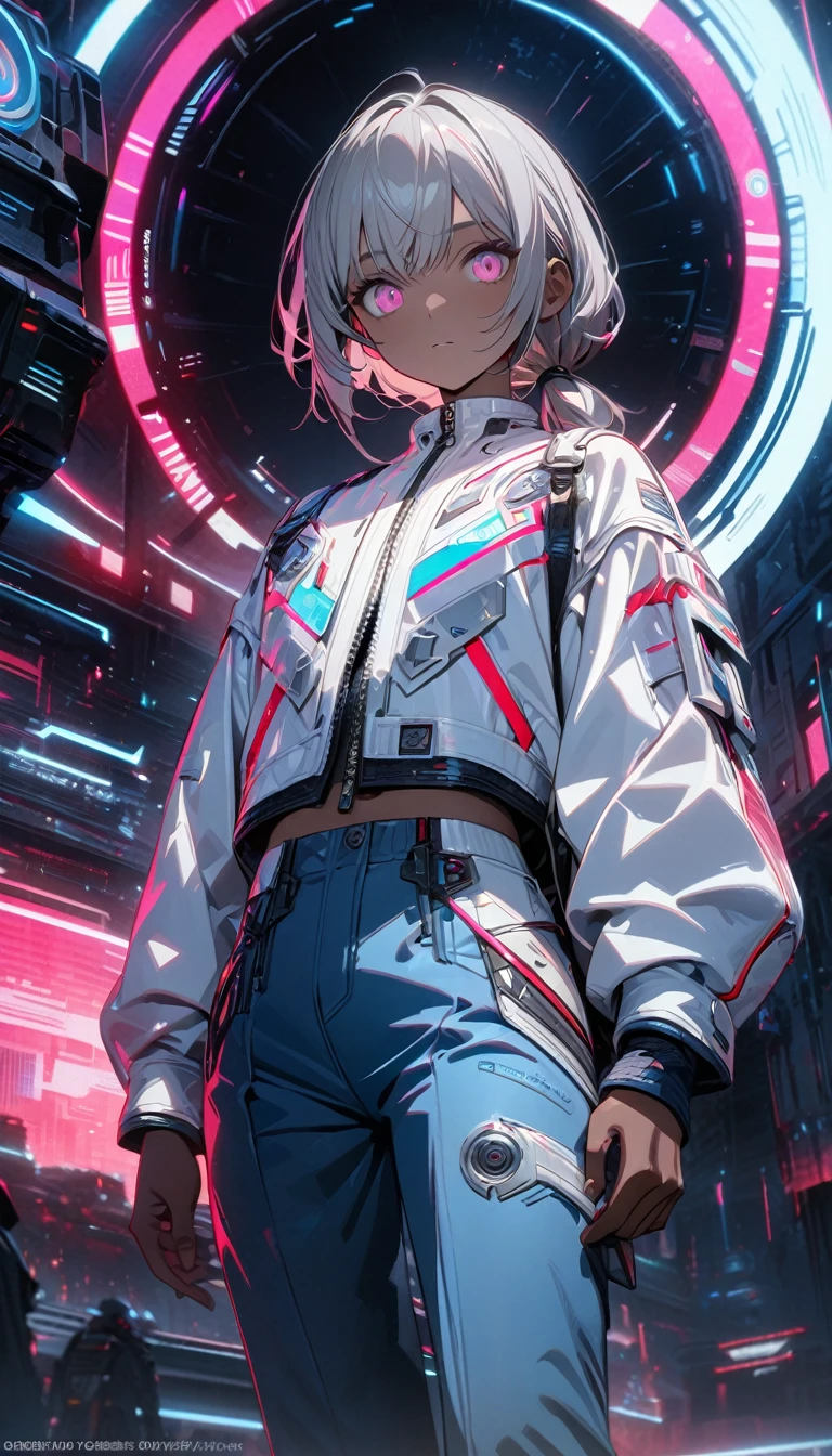 young boy, short gray hair, low ponytail, pink eyes, ebony skin, blue trousers, white leather jacket, sci-fi elements, Masterpiece, best quality, Full HD, 8k, ultra details, great graphic