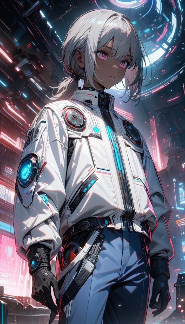 young boy, short gray hair, low ponytail, pink eyes, ebony skin, blue trousers, white leather jacket, sci-fi elements, Masterpiece, best quality, Full HD, 8k, ultra details, great graphic
