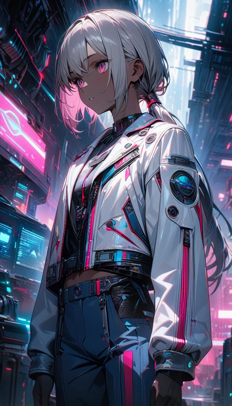 young boy, short gray hair, low ponytail, pink eyes, ebony skin, blue trousers, white leather jacket, sci-fi elements, Masterpiece, best quality, Full HD, 8k, ultra details, great graphic
