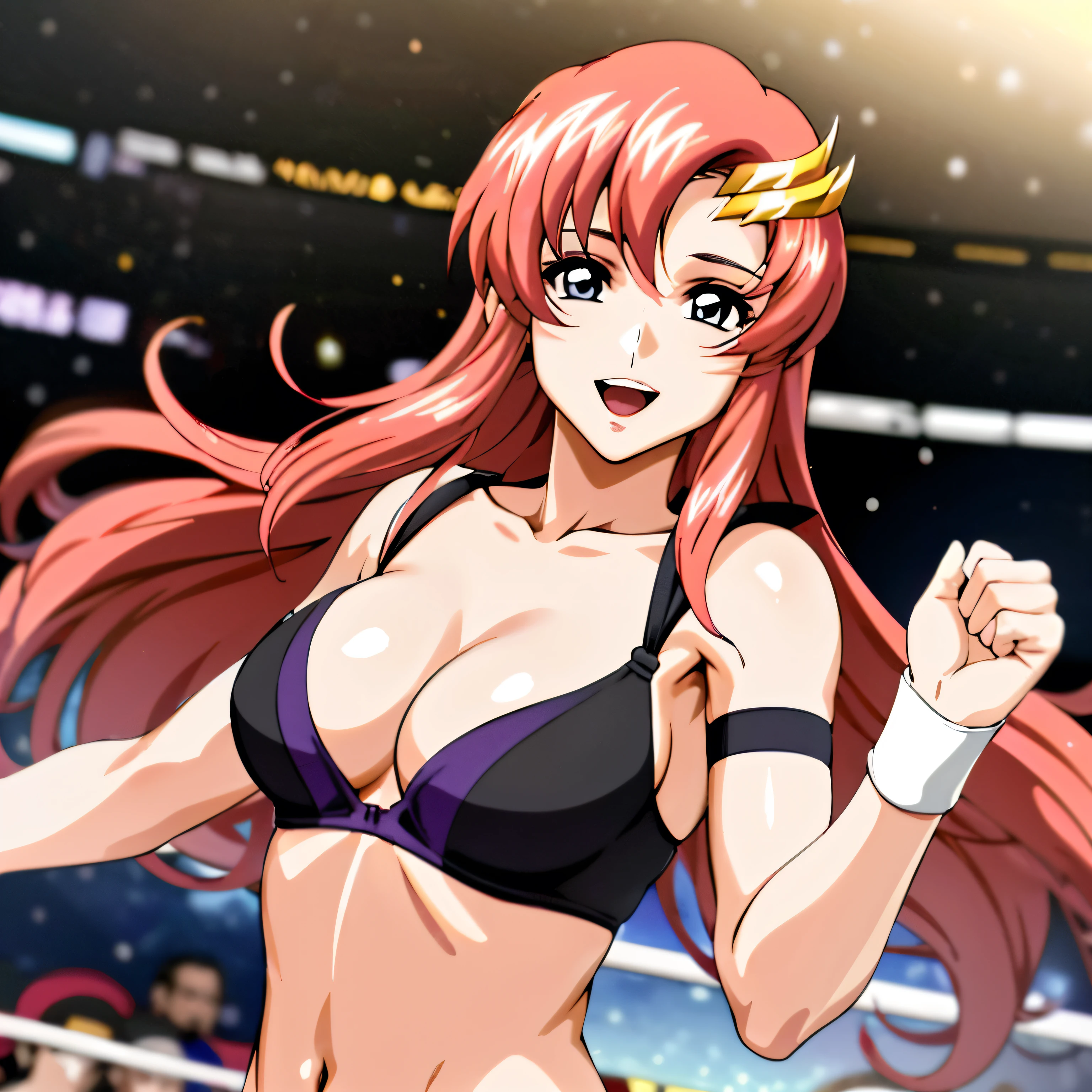 (masterpiece, Upper Body View, 4K, Highest quality, anime style: 1.9, Vision, Adult female, Ultra detailed face, (Tittron Screen, wrestling), Draw a line, High resolution, anime, Lacus 4), One girl, alone, Curvaceous figure, Long Hair, clavicle, Scapula, (Wide bangs with attention to detail, hair ornaments, Detailed reddish pink hair, Shiny streaks, Hair covering shoulders, Golden coat of arms), Cleavage, Big Hands, (Female wrestler). (Big Blue Eyes, Shining Eyes), ((Female wrestler, (The body is slim), Small biceps, Clenched fist, between legs)), ((Perfect Proportions, Medium chest, Long belly)), (((Double Bra, Neckband))), Happy, smile, Open your mouth, (Are standing, Looking at the audience)