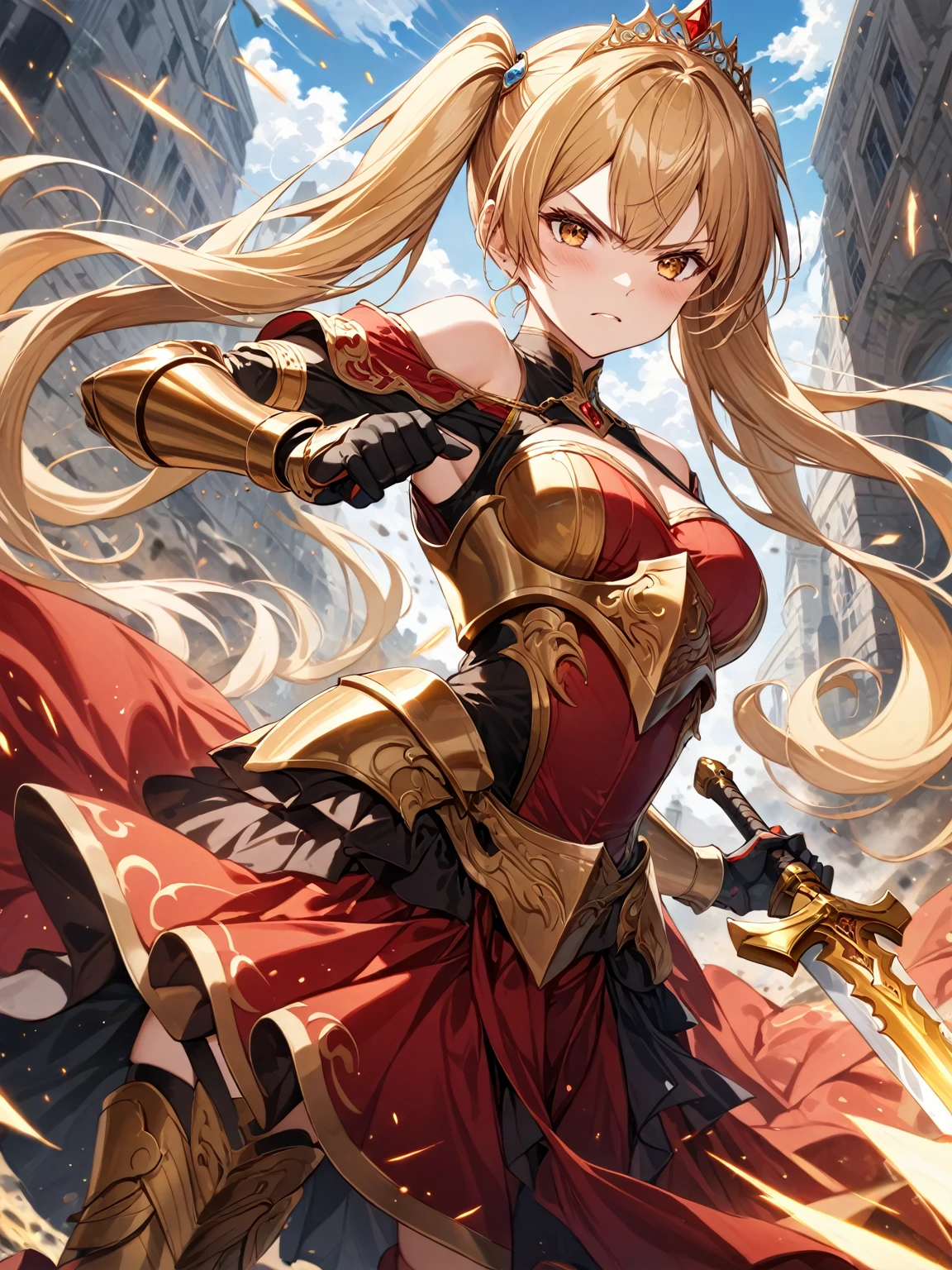 score_9_up, score_9, score_8_up, score_7_up, source_anime,masterpiece, best quality, high resolution, extremely detailed CG, absurdres, highres, 1 girl,a knight girl in golden armor fights at battlefield, holding sword, long hair, twintails, blond_hair, red_dress, glaring, off-shoulder, tiara, battle_stance, fighting_stance,good_hands