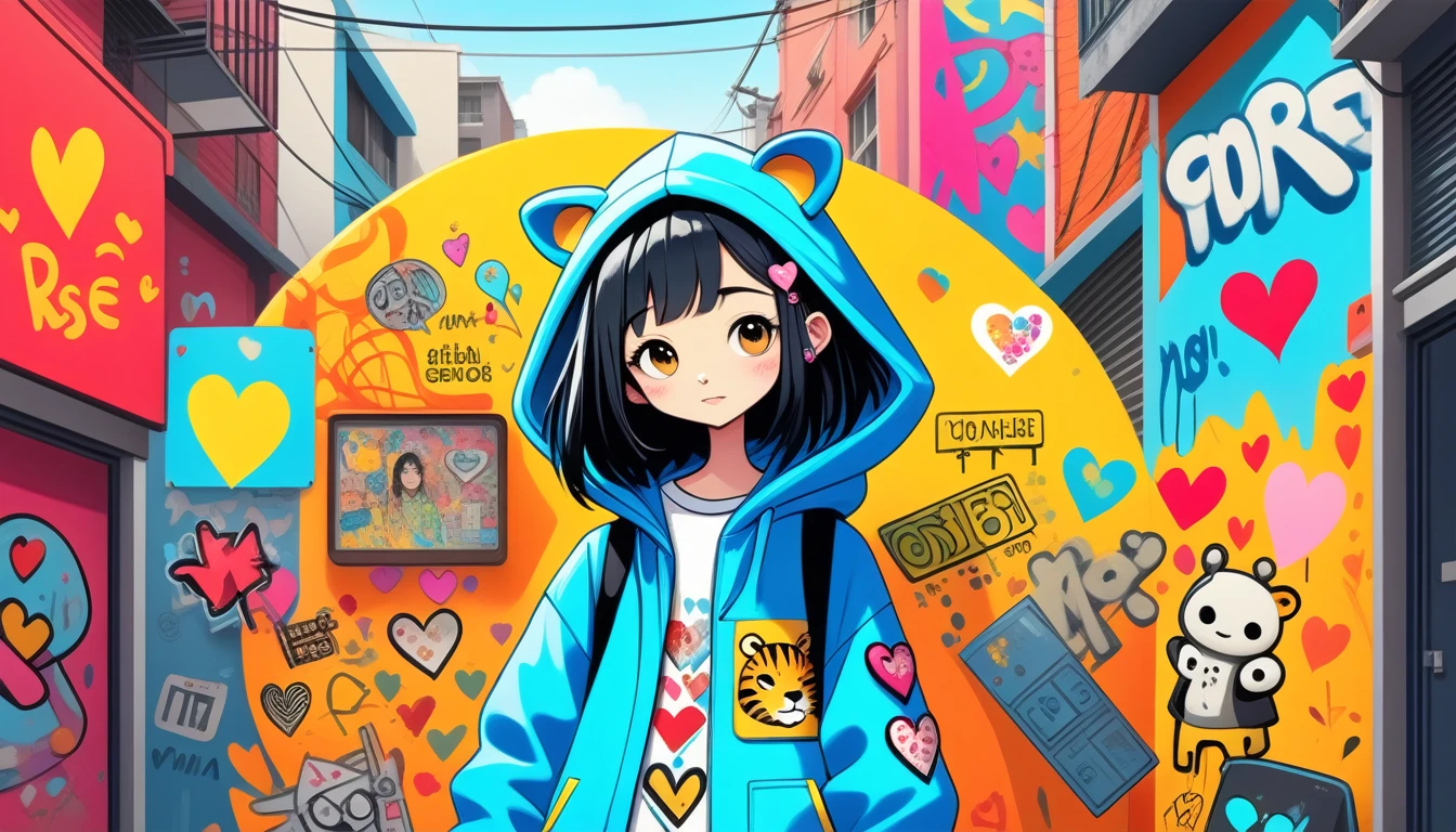 1girl, black hair,
âDesign a colorful full  illustration of a quirky individual in a giraffe hood, with a backdrop filled with playful characters and graffiti. The outfit is a bright blue with tiger patterns and adorned with various patches, pins, and stickers, including hearts and amusing phrases. The surrounding environment should reflect a busy, urban street art vibe, with an assortment of contrasting, vibrant elements, vietnam flag