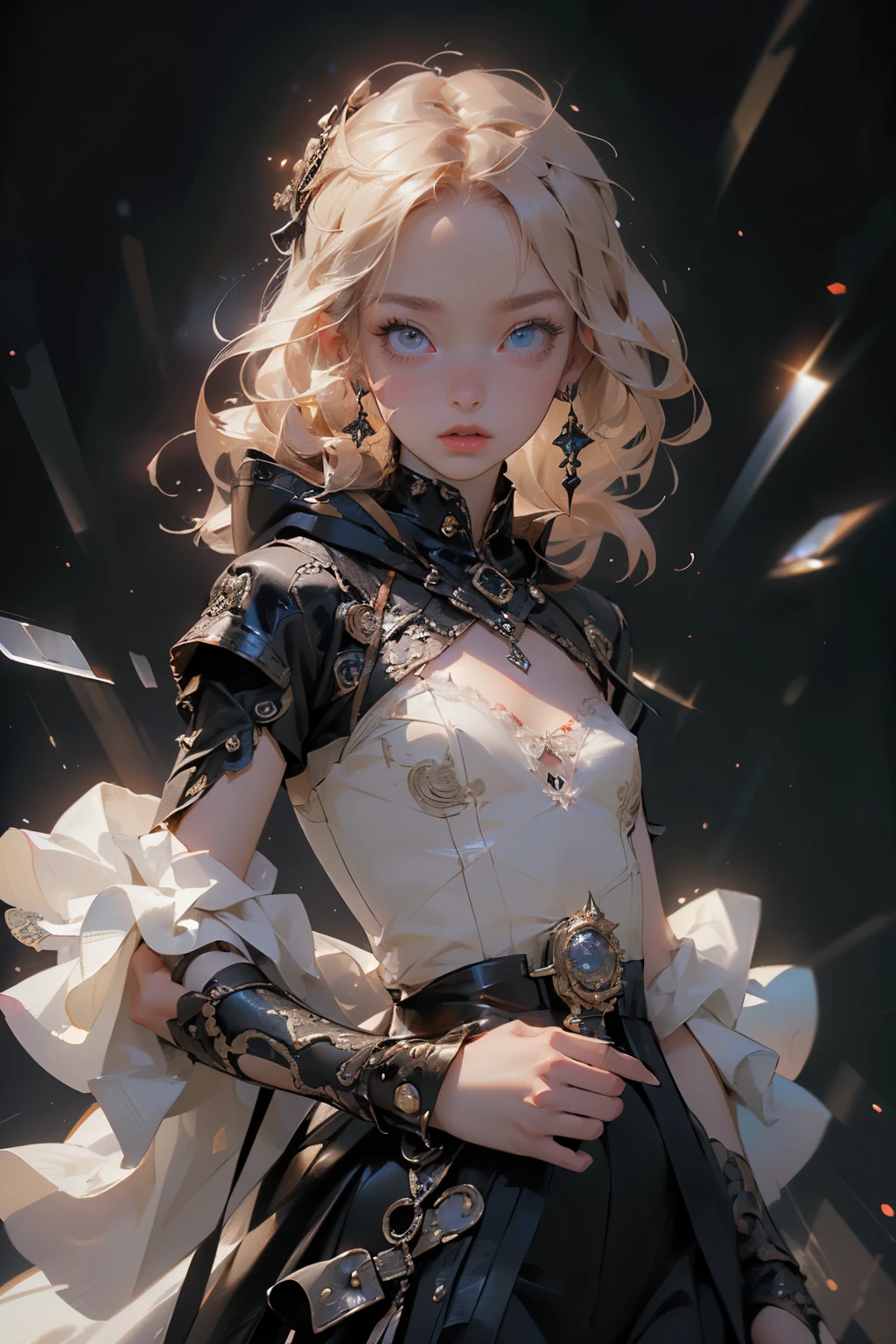 (((masterpiece, of the highest quality, super detailed))), (a female knight of an occult order), ((((holding a sword with a digital glitch-like effect to the blade as though it is rapidly flickering in and out of reality with a very slight warping effect around it similar to gravitational lensing)))), Edwardian/Victorian era inspired, ((minimal but intricate beautiful armour)), Fluttering lace flared dress with frilly petticoats, ((((Highly detailed face))), (((Very sharp focused eyes))), very long eyelashes, small breasts, (((flat chest:1.1))), occult aesthetic, (red and white clothing detailed and intricate steampunk and detailed gothic), (with a hood), complex lace boots