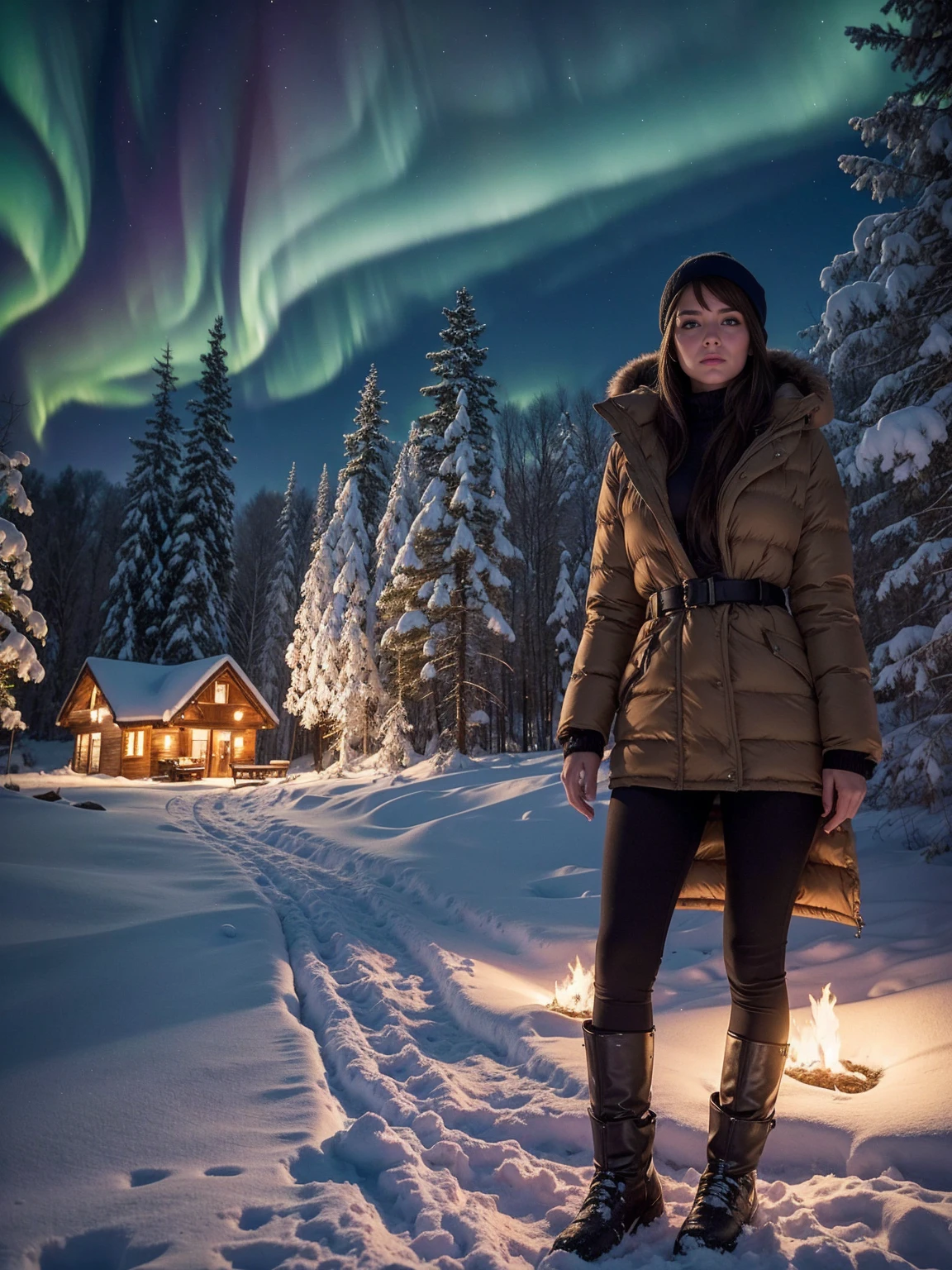 ultra realistic, Winter Night,Snowy village landscape,northern lights. (((Take the whole body))) of a hot European woman,light brown hair, She is a playmate, Men's magazine model. Flirt with the camera. (((long:1.Sheer white bra))),Some white underwear is visible., sexy pose. perfect focus, depth of field. perfect anatomy, perfect eyes, perfect hand, perfect body, perfect hair, perfect breast, precise, UHD, retina, Masterpiece, Anatomically correct, textured skin, Superb details, Highly detailed, High quality, won, best quality, height, 16ก, 8ก