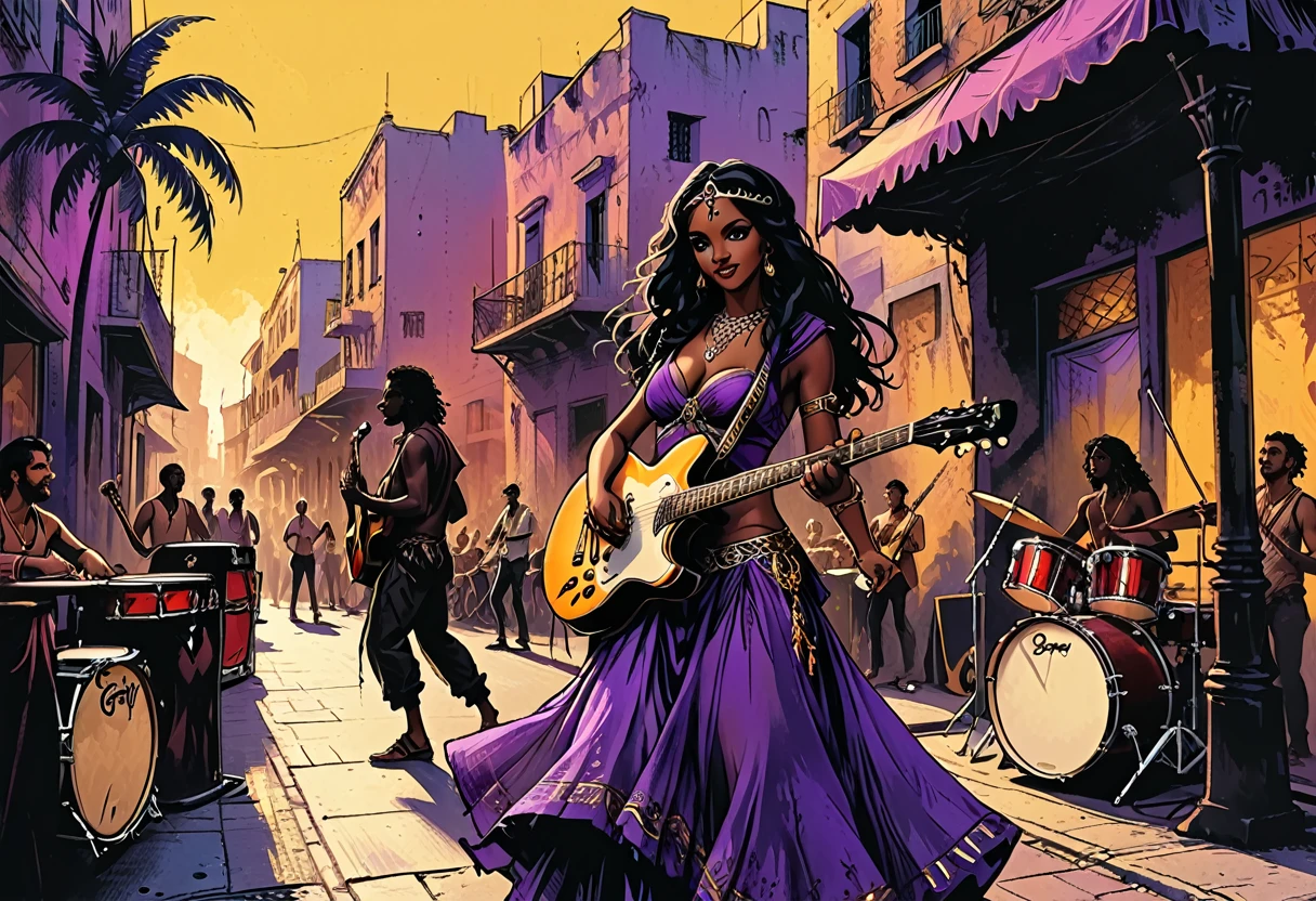 city square, (gypsy dancing,black long Waves hair, black eyes, Fleshy nose, Thin nude Lips, dark makeup,(jewelry), ((tiara)), ((dark violet hood)), wearing intricate violet clothes, shawl, dark skin, mole under eye, gypsy dress, )
stage, a high stage on the street on which a gypsy dances and a music band plays, street, people looking at the stage, tropical street, palm trees, musician with a guitar, musician on drums,  graphic style of novel comics, 2d, 8k, hyperrealism, masterpiece, high resolution, best quality, ultra-detailed, super realistic, Hyperrealistic art, high-quality, ultra high res, highest detailed, lot of details, Extremely high-resolution details, incredibly lifelike, colourful, soft cinematic light,