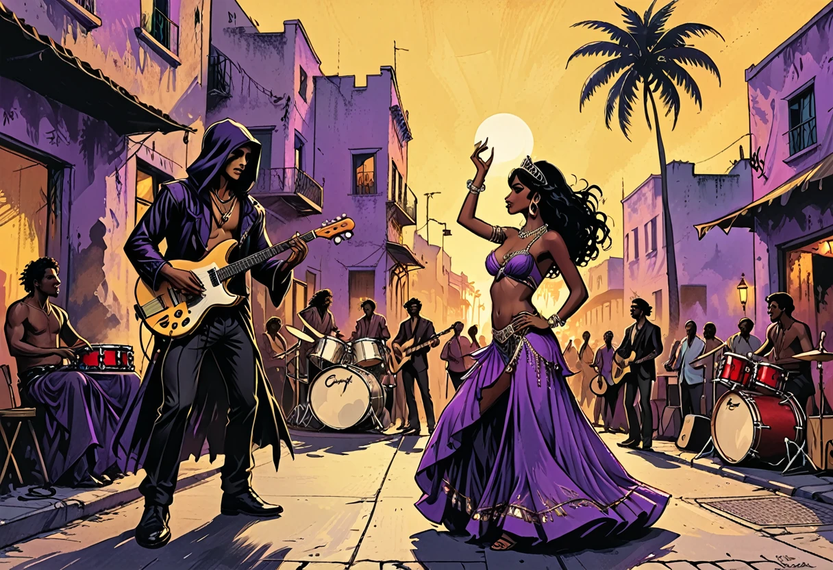 city square, (gypsy dancing,black long Waves hair, black eyes, Fleshy nose, Thin nude Lips, dark makeup,(jewelry), ((tiara)), ((dark violet hood)), wearing intricate violet clothes, shawl, dark skin, mole under eye, gypsy dress, )
stage, a high stage on the street on which a gypsy dances and a music band plays, street, people looking at the stage, tropical street, palm trees, musician with a guitar, musician on drums,  graphic style of novel comics, 2d, 8k, hyperrealism, masterpiece, high resolution, best quality, ultra-detailed, super realistic, Hyperrealistic art, high-quality, ultra high res, highest detailed, lot of details, Extremely high-resolution details, incredibly lifelike, colourful, soft cinematic light,