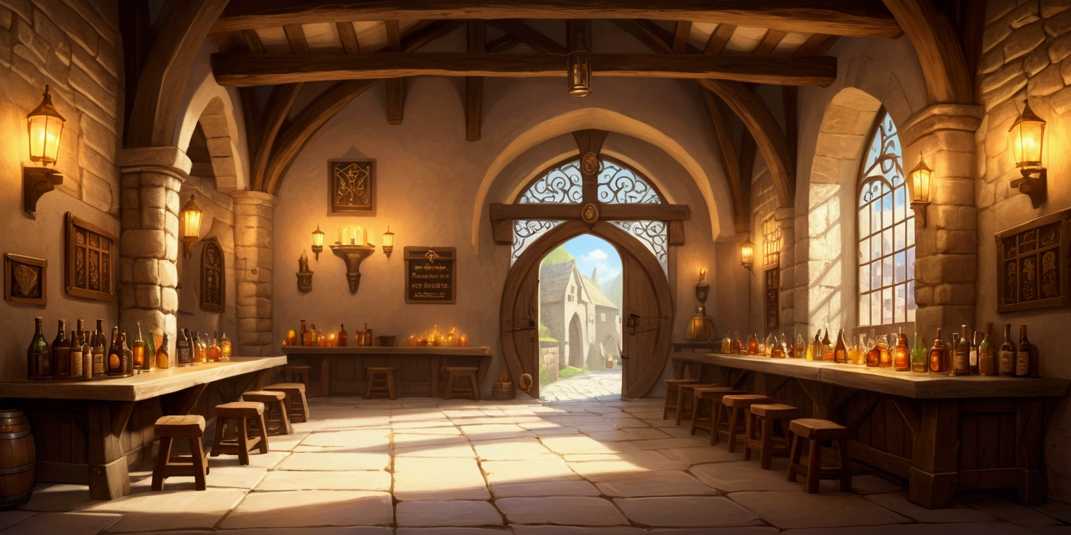 Indoor, fantasy, fantasy medieval, adventurers guild, tavern style, huge wide hall, entrance door in the center, medieval stone columns, epic, bulletin board on the wall, one-point perspective composition, concept art, high-quality illustrations, masterpiece, magic lighting, soft lighting