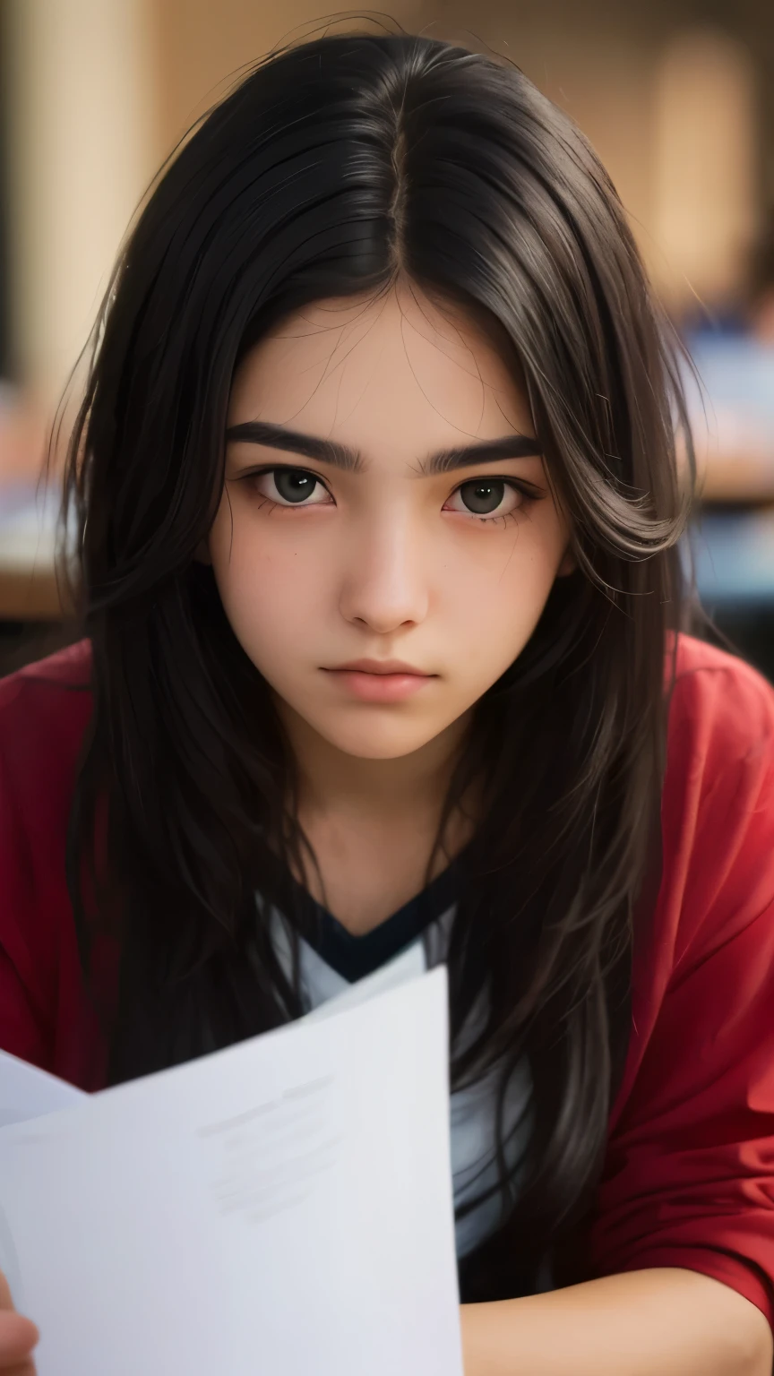 ((best quality)), ((masterpiece)), (detailed), A portrait closeup of a long black haired age girl sitting sadly due to bad result in the exam