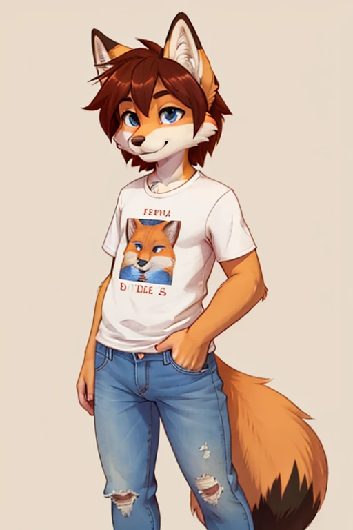 femboy, fox boy, jeans, t-shirt, flat chested, plain background