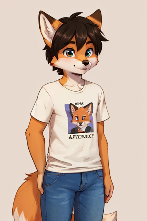 femboy, fox boy, jeans, t-shirt, flat chested, plain background