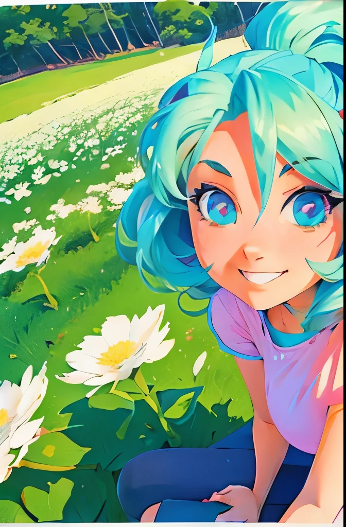 Anime girl in the anime style of the 80s sitting in a field of flowers and looking at the camera, smiling. pastel-colored