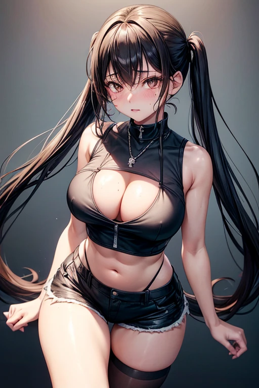 Kaori, Single model, solo, half Asian, half Latino, very long straight black hair, freckles, blushing, wet eyes, long chain pendant, very large heavy breasts, chubby, belly, stretchmarks, pigtails, fitted sleeveless crop top with mesh panels, cleavage, small black lycra shorts, thigh length socks