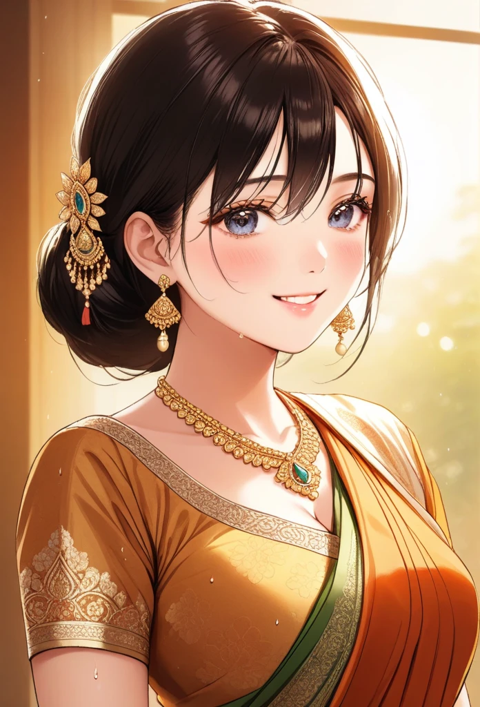 (High quality, High resolution, Fine details), traditional sari dress, intricate sari with detailed patterns, ornate jewelry, solo, curvy adult women, sparkling eyes, (Detailed eyes:1.2), smile, blush, Sweat, Oily skin, Waist Shot, warm lighting, golden hour, Soft tones, shallow depth of field