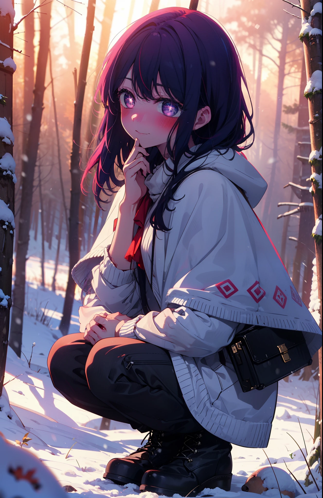 aihoshino, Ai Hoshino, Long Hair, bangs, (Purple eyes:1.1), Purple Hair, (Symbol-shaped pupil:1.5), smile,,smile,blush,white breath,
Open your mouth,snow,Ground bonfire, Outdoor, boots, snowing, From the side, wood, suitcase, Cape, Blurred, , forest, White handbag, nature,  Squat, Mouth closed, Cape, winter, Written boundary depth, Black shoes, red Cape break looking at viewer, Upper Body, whole body, break Outdoor, forest, nature, break (masterpiece:1.2), Highest quality, High resolution, unity 8k wallpaper, (shape:0.8), (Beautiful and beautiful eyes:1.6), Highly detailed face, Perfect lighting, Extremely detailed CG, (Perfect hands, Perfect Anatomy),