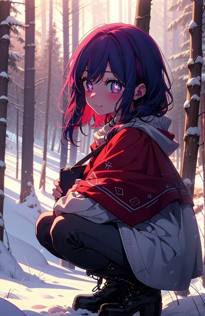 aihoshino, Ai Hoshino, Long Hair, bangs, (Purple eyes:1.1), Purple Hair, (Symbol-shaped pupil:1.5), smile,,smile,blush,white breath,
Open your mouth,snow,Ground bonfire, Outdoor, boots, snowing, From the side, wood, suitcase, Cape, Blurred, , forest, White handbag, nature, Squat, Mouth closed, Cape, winter, Written boundary depth, Black shoes, red Cape break looking at viewer, Upper Body, whole body, break Outdoor, forest, nature, break (masterpiece:1.2), Highest quality, High resolution, unity 8k wallpaper, (shape:0.8), (Beautiful and beautiful eyes:1.6), Highly detailed face, Perfect lighting, Extremely detailed CG, (Perfect hands, Perfect Anatomy),
