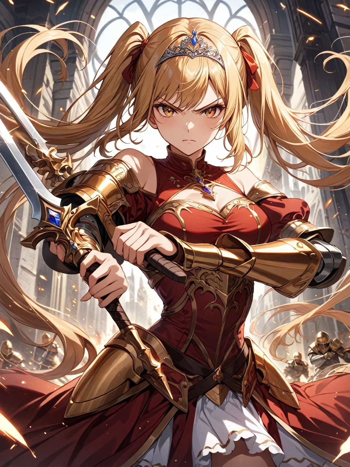 score_9_up, score_9, score_8_up, score_7_up, source_anime,masterpiece, best quality, high resolution, extremely detailed CG, absurdres, highres, 1 girl,a knight girl in golden armor fights at battlefield, holding sword, long hair, twintails, blond_hair, red_dress, glaring, off-shoulder, tiara, battle_stance, fighting_stance,good_hands