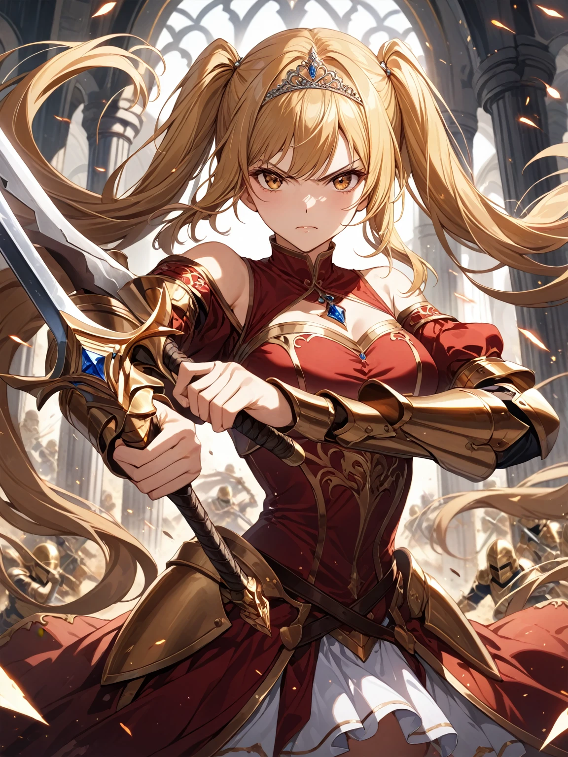 score_9_up, score_9, score_8_up, score_7_up, source_anime,masterpiece, best quality, high resolution, extremely detailed CG, absurdres, highres, 1 girl,a knight girl in golden armor fights at battlefield, holding sword, long hair, twintails, blond_hair, red_dress, glaring, off-shoulder, tiara, battle_stance, fighting_stance,good_hands