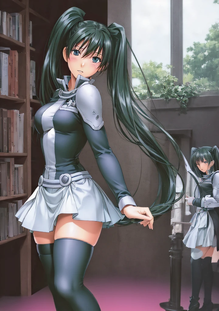 Lenalee, with her long, beautiful legs and twin tails, is standing in the library in a miniskirt uniform and knee socks with her legs spread to the side.。