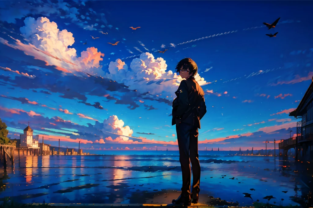 (Mastepiece), (Best Quality), Very detailed, (1 boy:1.5), (Full body solo shot:1.4), Perfect Face, Beautiful Boy, Very detailedな顔，(Black short hair:1.5)，(blue eyes:1.4)，(short pants:1.4)、(Lots of butterflies々:1.4)、bird、(Ocean、station、train:1.5)、(cumulonimbus、blue sky:1.4)、mysterious、Fantasy、beautiful、Beautiful Landscape