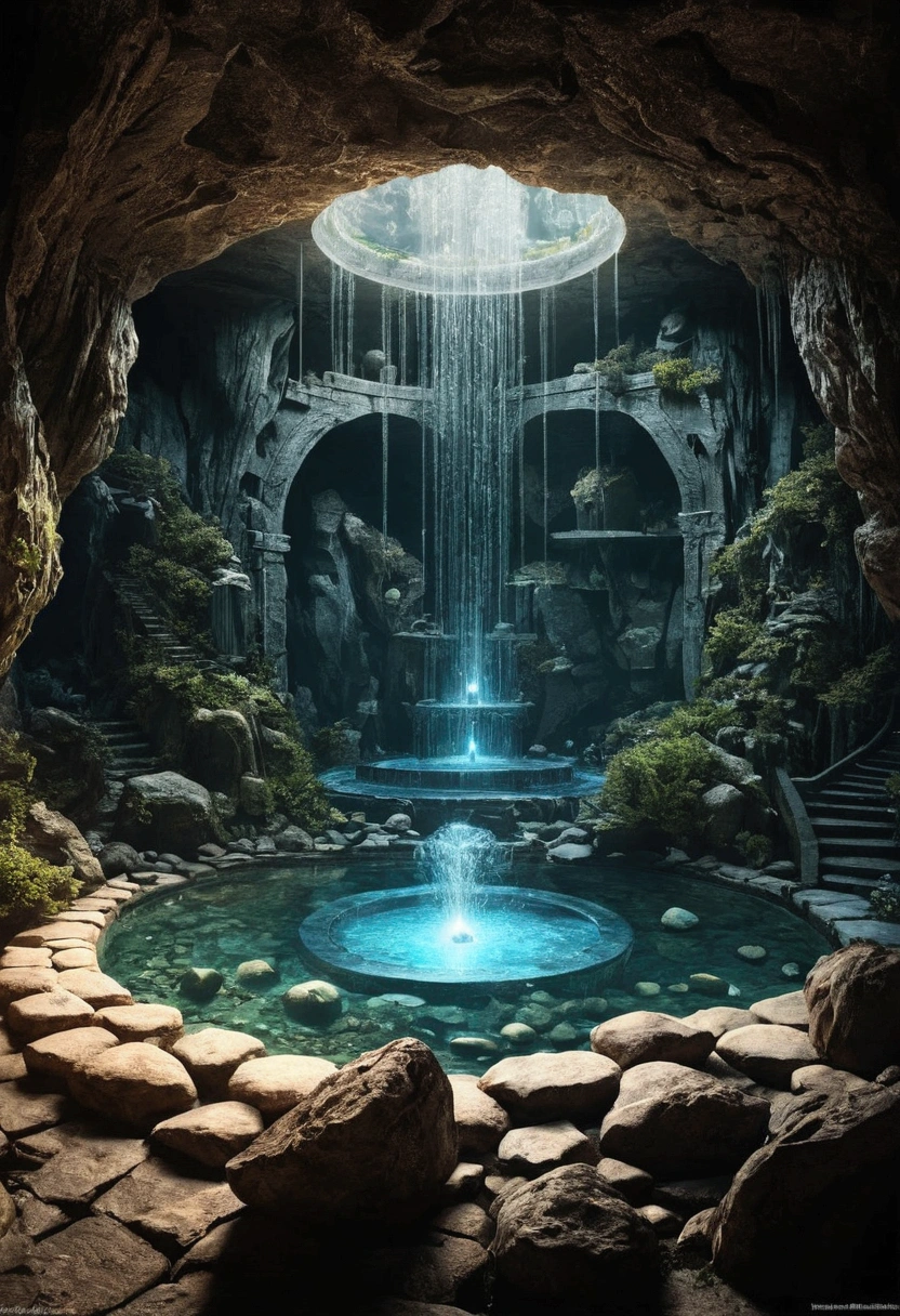 grotto city，internal ring structure，Internal chaos maze，（（（Full of crystals））），water flow，The light is dark，magic（（（Horror atmosphere）））（（（masterpiece）））， （（best quality））， （（intricate details））， （（Surrealism））（8k）