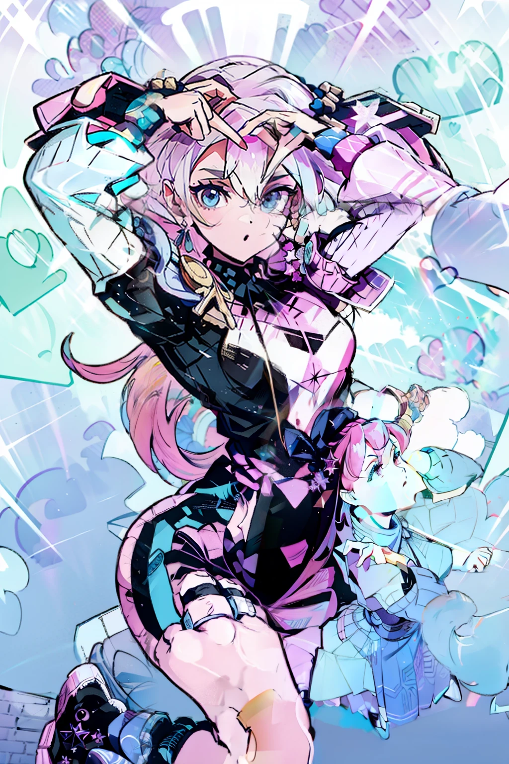 (masterpiece, best quality, 1girl, solo, intricate details, chromatic aberration), realistic, ((medium breath)),long hair, pink hair, red head ornament, pink highlights, hair over one eye,purple eyes, earrings, sharp eyes, choker, neon shirt, open jacket, crop top, (symmetry eyes),(perfect symmetrical body),against wall, brick wall, graffiti, dim lighting, alley ,look at viewer, woman at a gym, cute, front Pose, fitness girl, standing, erect Pose, symetrical, fitness model, skinny, Red sneakers, best qualityer, relaxed arms, hands down, ankle, fullbody view, stand straight with your back upright. Keep your shoulders back and maintain a straight line from your head to your feet, symmetrical frontal view, face aligned, hearts hand pose
