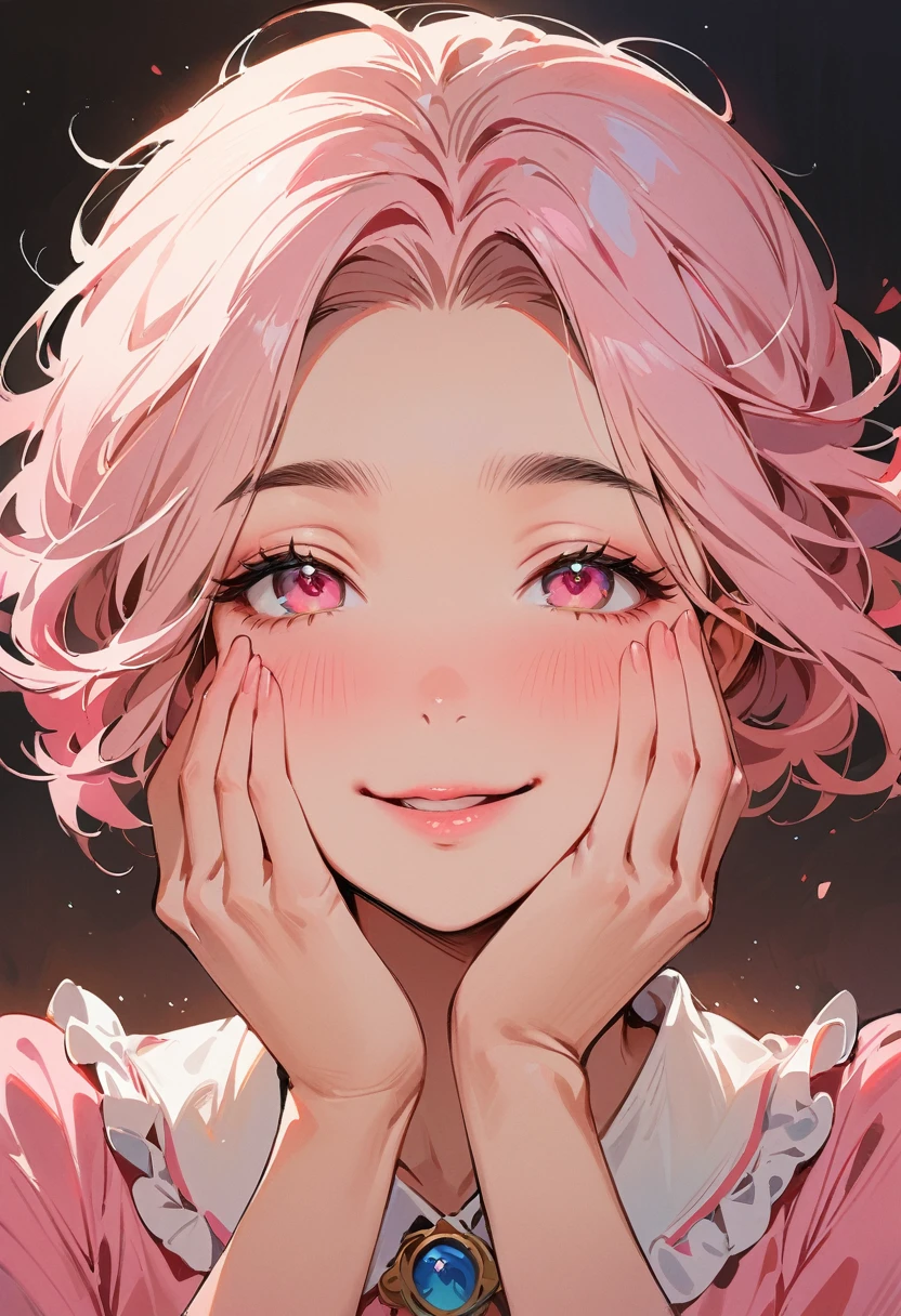 (masterpiece, best quality:1.4), 1 girl, 独奏, Pink love pupils, Blurred eyes, Smile, Look up and down, Pink lower lip, Holding face with hands, Pink short hair, Messy hairstyle,  Royal sister, Pink pajamas, Vision, black background.