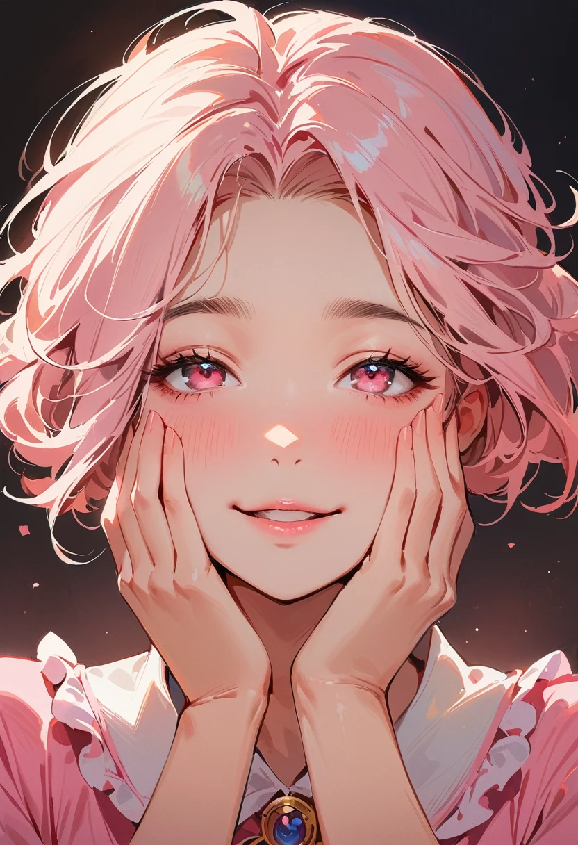(masterpiece, best quality:1.4), 1 girl, 独奏, Pink love pupils, Blurred eyes, Smile, Look up and down, Pink lower lip, Holding face with hands, Pink short hair, Messy hairstyle,  Royal sister, Pink pajamas, Vision, black background.