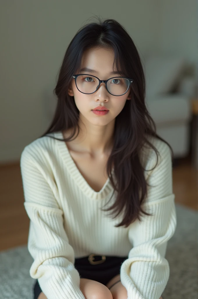 1 female, 20-year-old, alone, There is a woman sitting on the floor with her legs crossed...., Wearing Glasses, Japanese Model, Wearing Glasses on, Wearing square Glasses, Young Sensual Gravure Idol, Genuine young gravure idol, Without Glasses, Wearing Glasses, Surreal, Provocative, ((Beautiful Skin)), ((Skin Texture)), ((Real Touch)), healthy, unreddish skin, Cute freckles on the cheeks, Mole under left eye, thin, thin, (Small breasts), Long Hair, Straight hair, amount, amount, amount, amount, thin, thin, Glasses, White sweater, Sexy pencil skirt