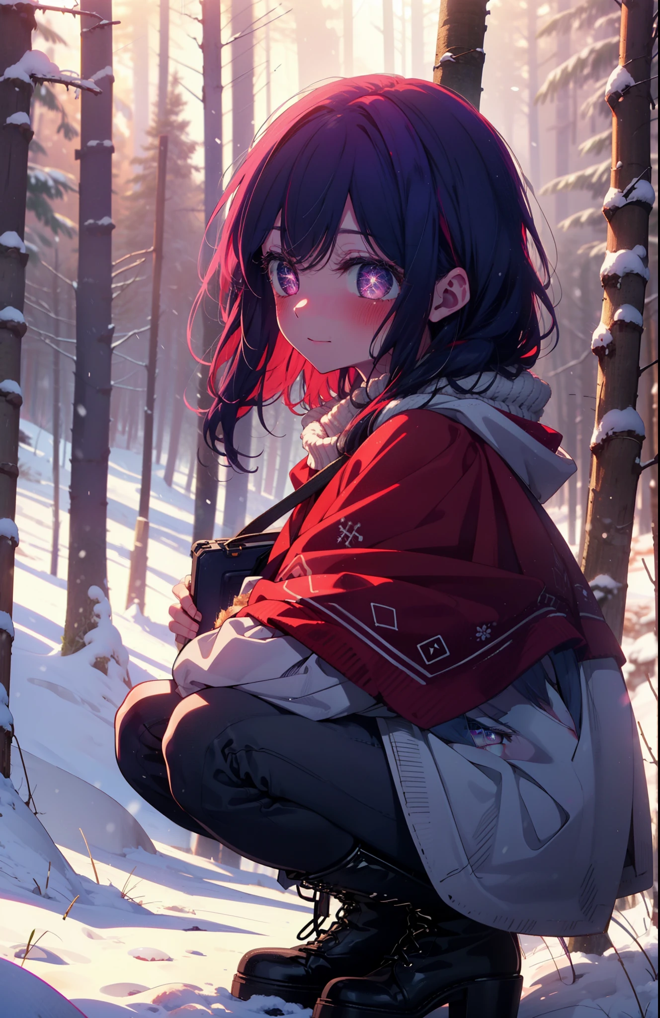 aihoshino, Ai Hoshino, Long Hair, bangs, (Purple eyes:1.1), Purple Hair, (Symbol-shaped pupil:1.5), smile,,smile,blush,white breath,
Open your mouth,snow,Ground bonfire, Outdoor, boots, snowing, From the side, wood, suitcase, Cape, Blurred, , forest, White handbag, nature,  Squat, Mouth closed, Cape, winter, Written boundary depth, Black shoes, red Cape break looking at viewer, Upper Body, whole body, break Outdoor, forest, nature, break (masterpiece:1.2), Highest quality, High resolution, unity 8k wallpaper, (shape:0.8), (Beautiful and beautiful eyes:1.6), Highly detailed face, Perfect lighting, Extremely detailed CG, (Perfect hands, Perfect Anatomy),