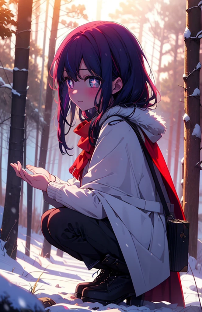 aihoshino, Ai Hoshino, Long Hair, bangs, (Purple eyes:1.1), Purple Hair, (Symbol-shaped pupil:1.5), smile,,smile,blush,white breath,
Open your mouth,snow,Ground bonfire, Outdoor, boots, snowing, From the side, wood, suitcase, Cape, Blurred, , forest, White handbag, nature,  Squat, Mouth closed, Cape, winter, Written boundary depth, Black shoes, red Cape break looking at viewer, Upper Body, whole body, break Outdoor, forest, nature, break (masterpiece:1.2), Highest quality, High resolution, unity 8k wallpaper, (shape:0.8), (Beautiful and beautiful eyes:1.6), Highly detailed face, Perfect lighting, Extremely detailed CG, (Perfect hands, Perfect Anatomy),