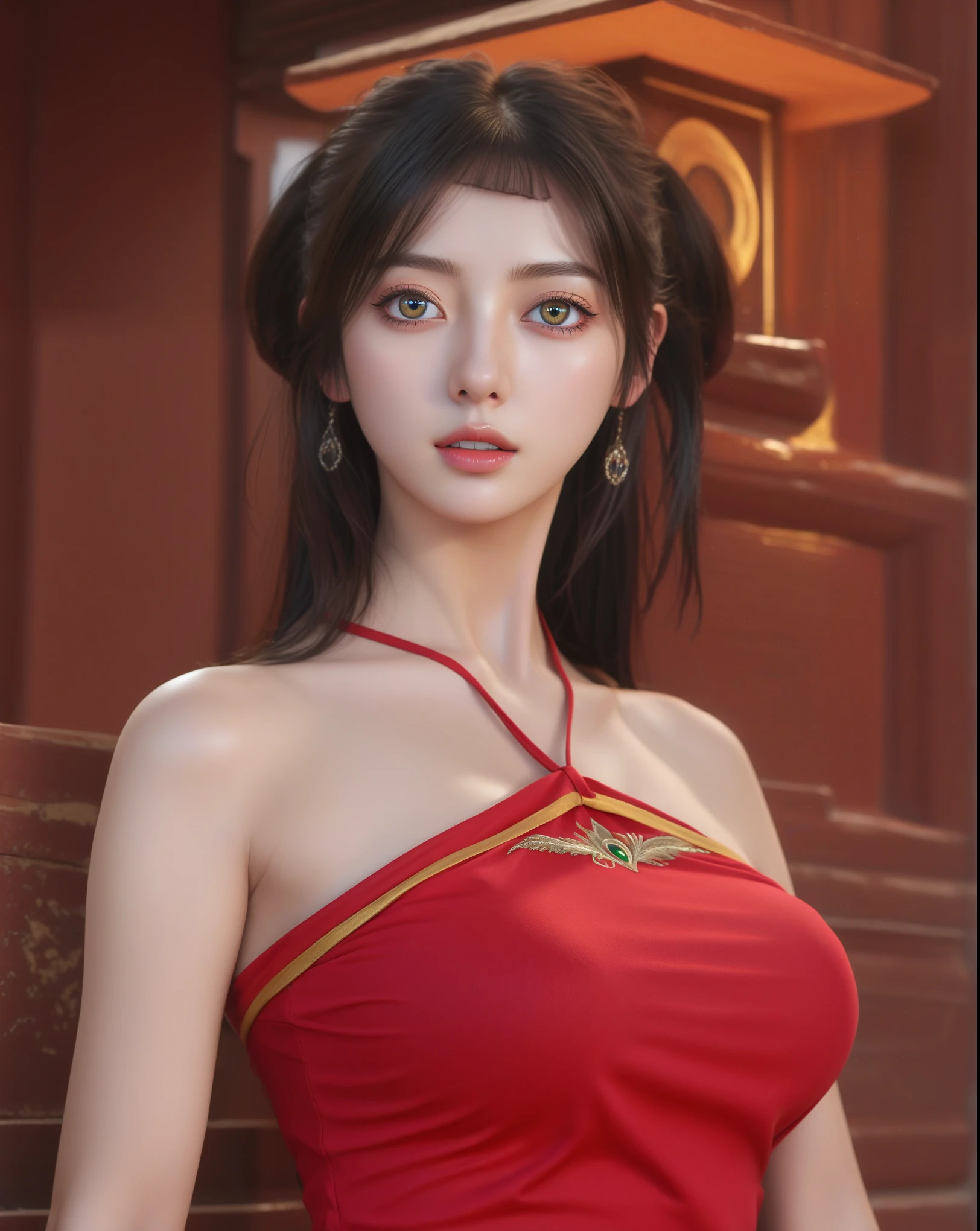 (hyper-realistic, photorealistic:1.495), (illustration), (high resolution), (8K), (extremely detailed), (best illustration), (beautiful detailed eyes), (best quality), (ultra-detailed), (masterpiece), (wallpaper), (natural light), (rim lighting), (detailed face), (high detailed realistic skin texture), (anatomically correct), (solo), (1 girl), (high detailed realistic hair), (shiny black hair:1.35), (hetero-chromic eyes), (detailed eyes), (light yellow eyes:1.37), (sparkling eyes), (realistic supple big breasts:1.5), (exposed nipples breasts:1.35), (long legs), (slender abs), (dynamic pose), (closed tiny mouth:1.3), (nsfw), (concentrated expression), (topless), (Italian woman, K-pop idol, J-pop idol:1.498)