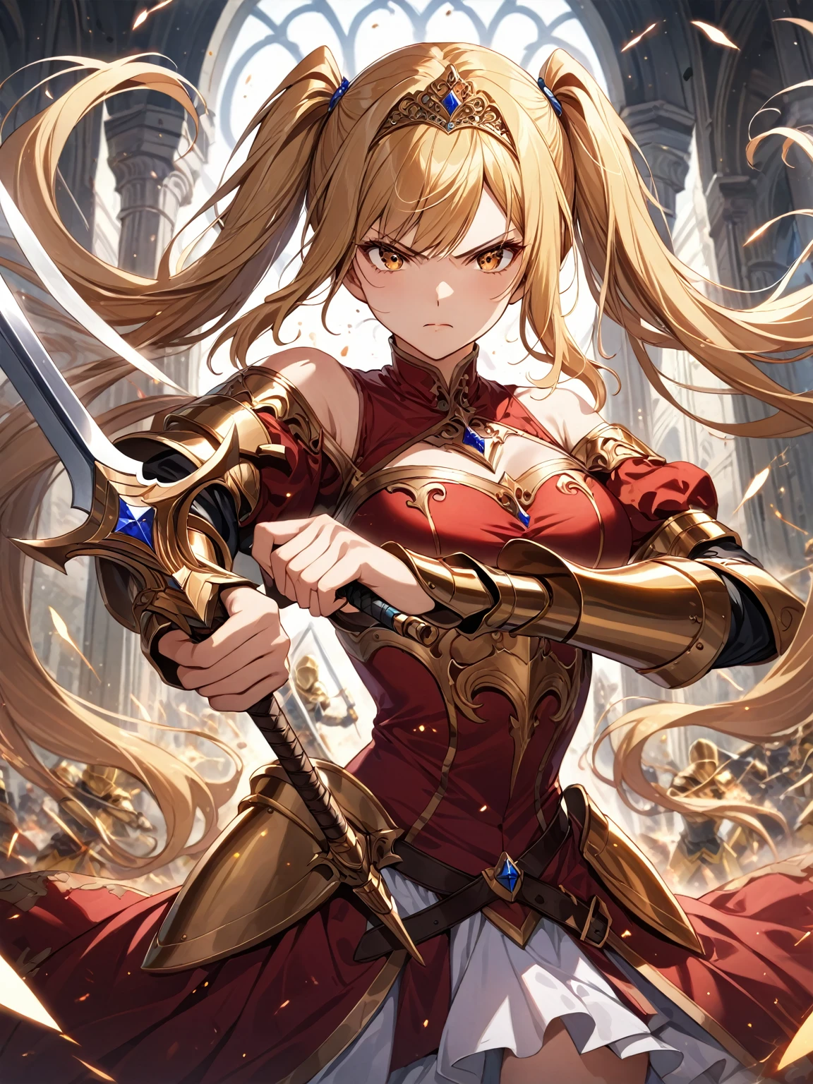 score_9_up, score_9, score_8_up, score_7_up, source_anime,masterpiece, best quality, high resolution, extremely detailed CG, absurdres, highres, 1 girl,a knight girl in golden armor fights at battlefield, holding sword, long hair, twintails, blond_hair, red_dress, glaring, off-shoulder, tiara, battle_stance, fighting_stance,good_hands