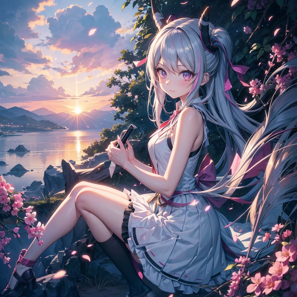 Ibuki Mioda /(Danganronpa/), Bank Super Details, masterpiece, figure, 8k, masterpiece, Realistic Shadows, Wind, Slope, Volumetric lighting, cute, Ambient Lighting, colorful, Glowing particles, A girl with beautiful, fine eyes, alone, (Original Costume), Dungeon Background, 青とピンクのmagic使いの衣装, Cape, magic, Fantasy