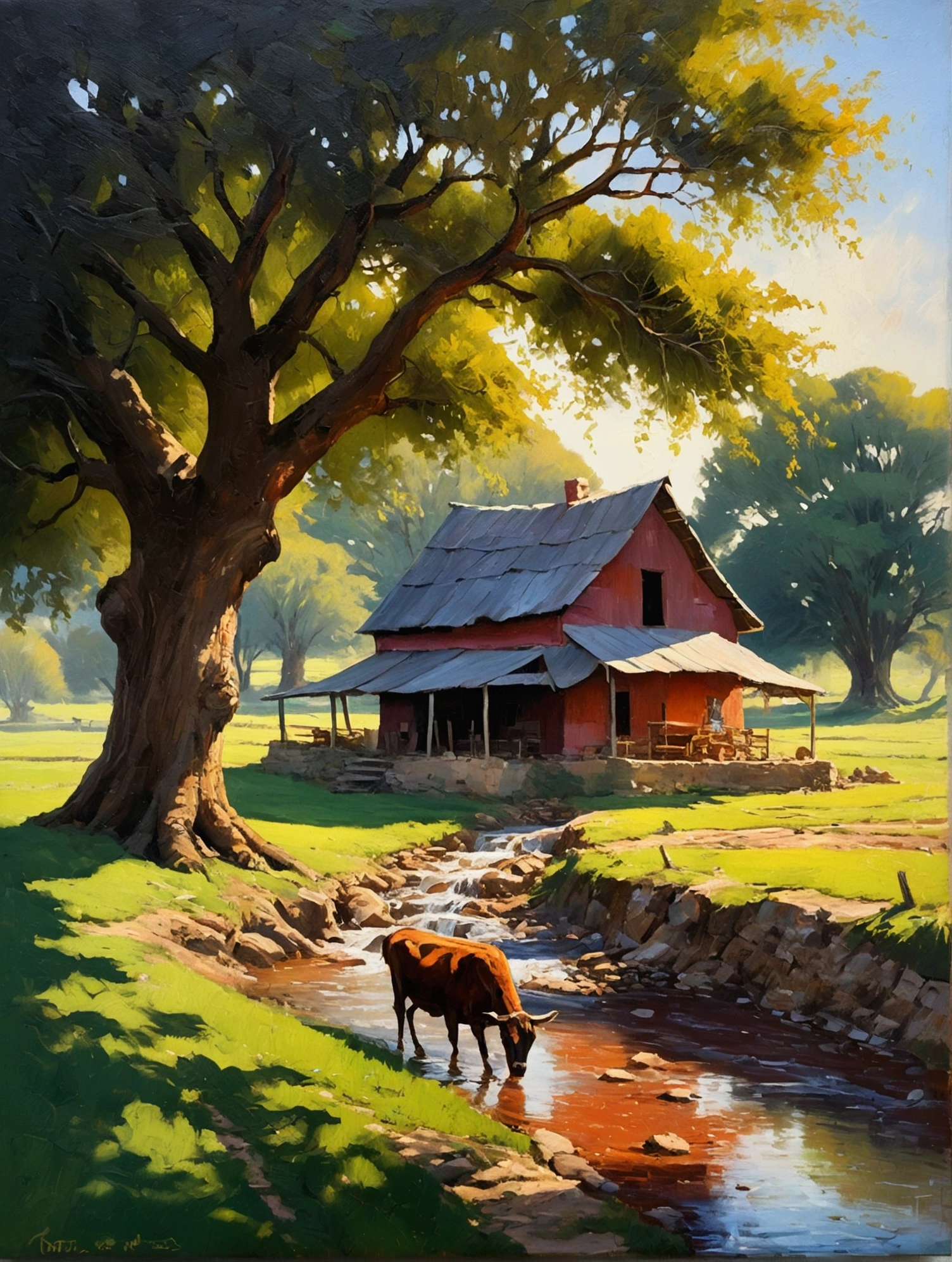 A farmhouse under the big tree next to the stream, rise sun, ox cart , oil painting, classic style, rich colors, brush strokes, vibrant textures, expressive portraits, dynamic composition, Capturing light and shadow, artistry, timeless beauty.